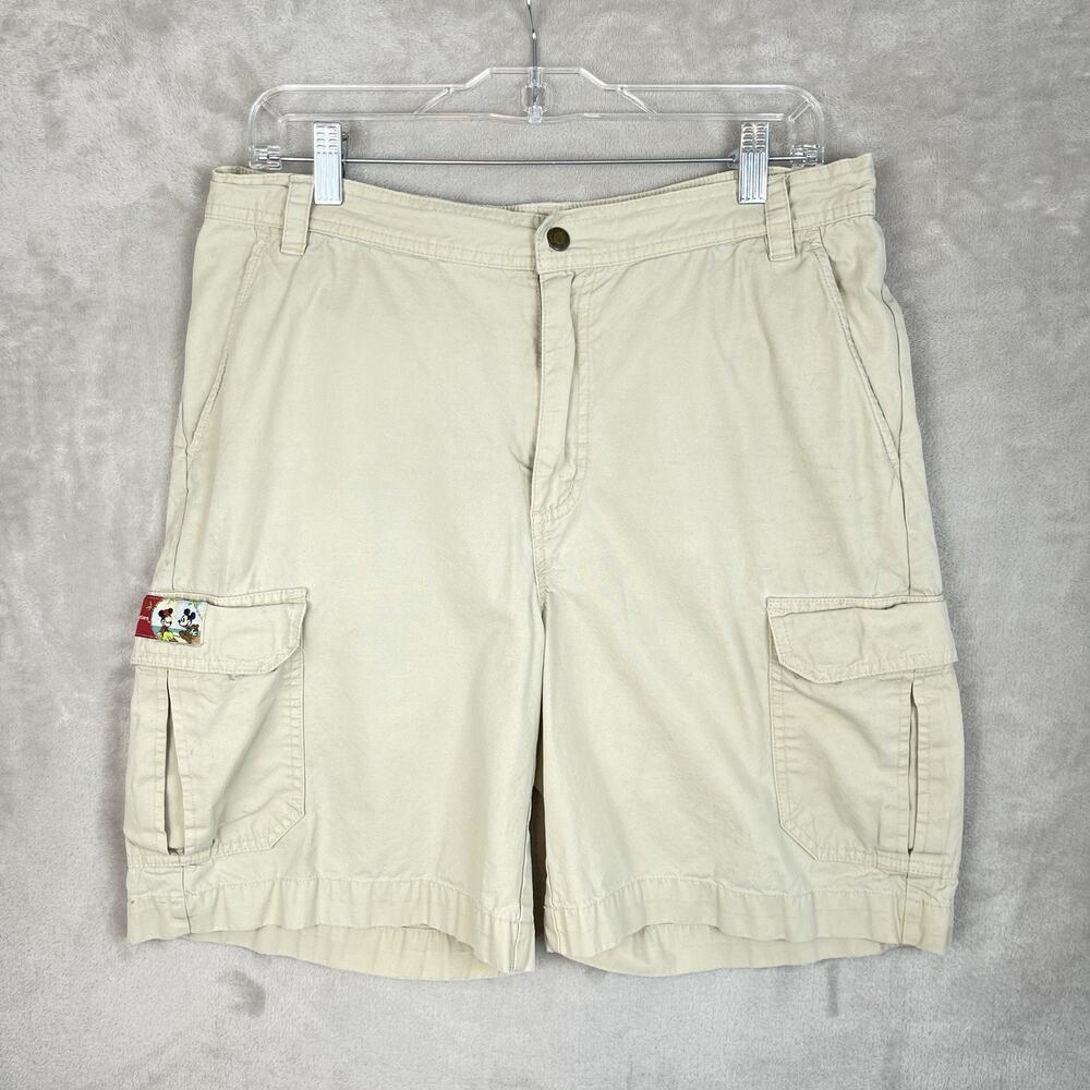 Vintage Y2K Disney Store Khaki Cargo Shorts Men's Small Mickey Mouse Patch *flaw